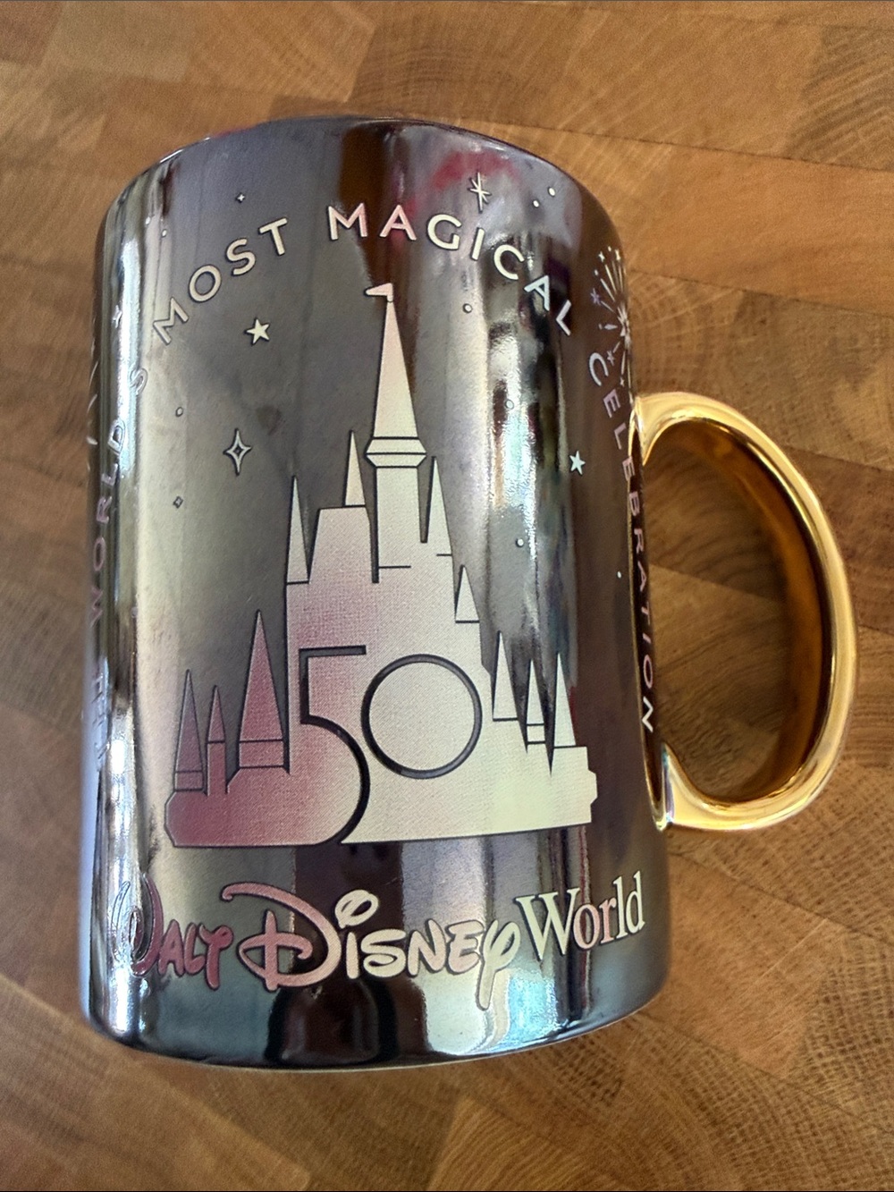 Disney Iridescent Black Mug with Gold Handle - 50th Castle Design